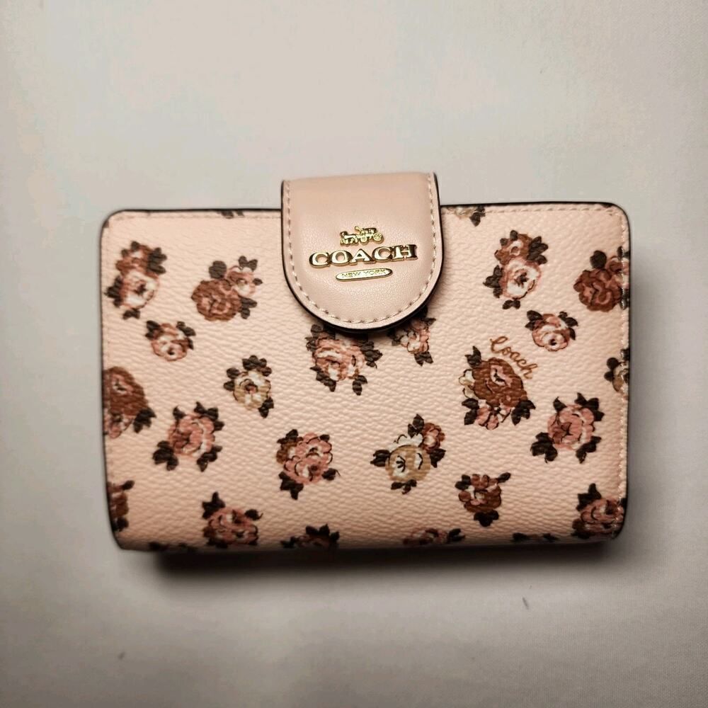NWT Coach CZ343 Medium Corner Zip Wallet Rosette Floral Pink Canvas Compact
